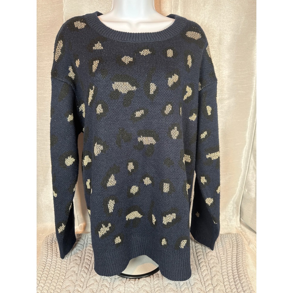 Kendall + Kyle Navy Blue Leopard Print Knit Sweater‎ XL Gold Sparkle